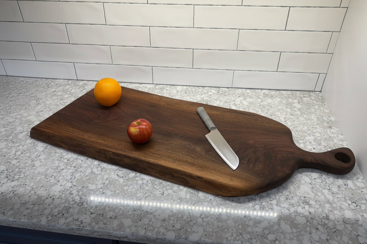 Curly Walnut Serving Board - Carved Handle