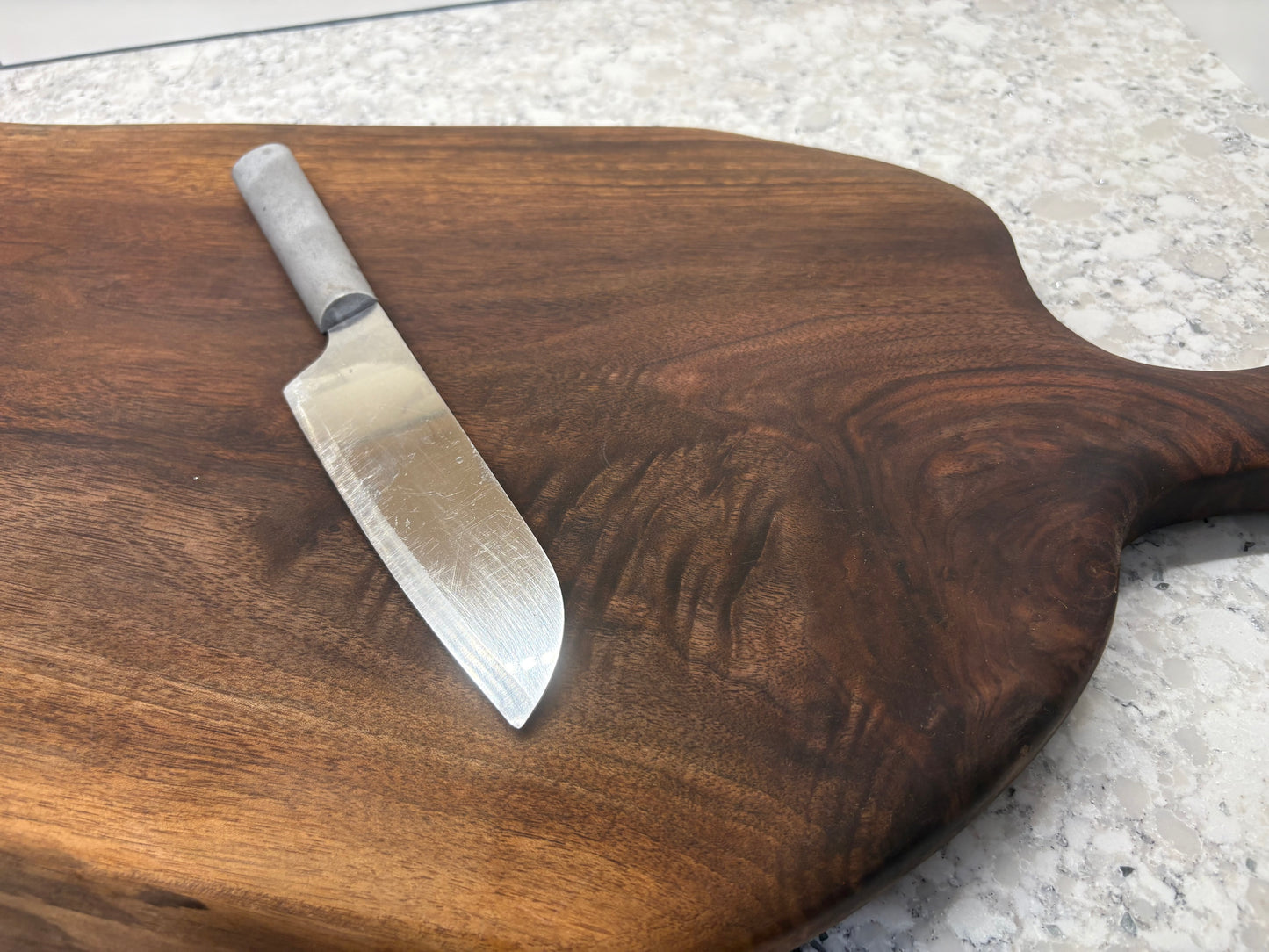 Curly Walnut Serving Board - Carved Handle