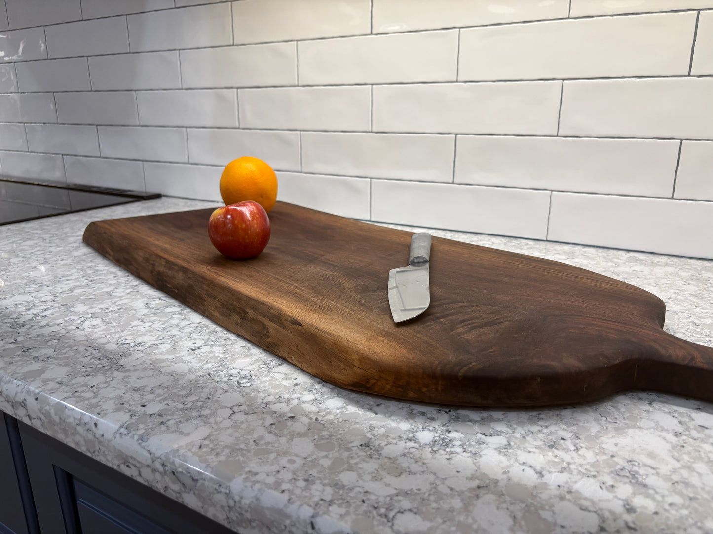 Curly Walnut Serving Board - Carved Handle